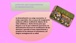 La dramatización no exige escenarios, ni
trajes especiales. Con un poco de imaginación
podemos utilizar multitud de objetos de la
vida cotidiana y darles forma para que
lleguen a ser lo que realmente queremos. La
dramatización favorece la socialización de los
alumnos y permite el sano esparcimiento y
propicia en los alumnos el entusiasmo y la
alegría contagiosa de su edad.
ASPECTOS QUE CARACTERIZAN
LA DRAMATIZACIÓN
 