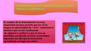 IMPORTANCIA DE LA DRAMATIZACION COMO
MEDIO DE ENSEÑANZA
En empleo de la dramatización es muy
importante porque permite que los niños
tengan la oportunidad de “vivir” realmente la
situación que se está analizando.
Su aplicación conlleva a que el niño se
desinhiba, perdiendo el temor al participar,
logrando con ello que la enseñanza
aprendizaje se haga más activo.
 