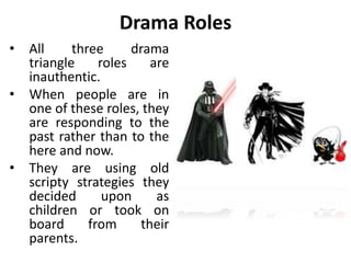 Victim
• He is himself one down
and not OK.
• Sometimes, the victim
will seek a persecutor to
put him down and push
him around.
• The victim may be in
search of a rescuer who
will offer help and
confirm the victim’s
belief “I can’t cope on my
own”.
 