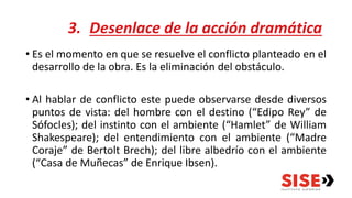 3. Desenlace de la acción dramática
• Es el momento en que se resuelve el conflicto planteado en el
desarrollo de la obra. Es la eliminación del obstáculo.
• Al hablar de conflicto este puede observarse desde diversos
puntos de vista: del hombre con el destino (“Edipo Rey” de
Sófocles); del instinto con el ambiente (“Hamlet” de William
Shakespeare); del entendimiento con el ambiente (“Madre
Coraje” de Bertolt Brech); del libre albedrío con el ambiente
(“Casa de Muñecas” de Enrique Ibsen).
 