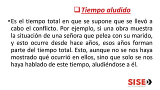 Tiempo aludido
•Es el tiempo total en que se supone que se llevó a
cabo el conflicto. Por ejemplo, si una obra muestra
la situación de una señora que pelea con su marido,
y esto ocurre desde hace años, esos años forman
parte del tiempo total. Esto, aunque no se nos haya
mostrado qué ocurrió en ellos, sino que solo se nos
haya hablado de este tiempo, aludiéndose a él.
 