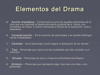 Elementos del Drama
 
a)     Acción dramática – Comprende la suma de aquellos elementos de la
    obra que van logrando el desenvolvimiento gradual de la  trama, con
    momentos de mayor o menor intensidad a través de la exposición, nudo y
    desenlace.
 
b)     Caracterización – Es la creación de personajes y se pueden distinguir
    varias modalidades:
 
1)     Carácter – Es el personaje cuyos rasgos lo distinguen de los demás.
 
2)     Tipo – Personaje que carece da las cualidades que dan carácter a un
    individuo.
 
3)      Silueta – Personaje de poca o ninguna profundidad psicológica.
 
4)     Símbolo – Personaje que representa algo, bien sea una idea u otro
    personaje.  
 