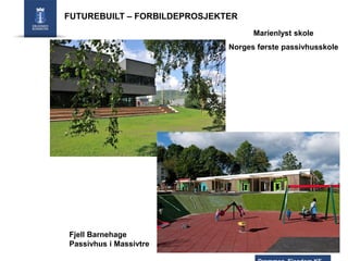 FUTUREBUILT – FORBILDEPROSJEKTER
Marienlyst skole
Norges første passivhusskole

Fjell Barnehage
Passivhus i Massivtre

 