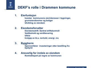 DEKF’s rolle i Drammen kommune
1.

Eierfunksjon
Ivaretar kommunens eierinteresser i bygninger,
grunneiendommer og boliger
Utvikling av eiendom

2.

Eiendomsforvalter
Eiendomsdrift- Sentral driftskontroll
Vedlikehold og verdibevaring
Utleie
Innkjøp av bl.a. renhold, energi, mv.

3.

Byggherre
Gjennomfører investeringer etter bestilling fra
bystyret

4.

Ansvarlig for innleie av eiendom
Kontraktspart på vegne av kommunen

 