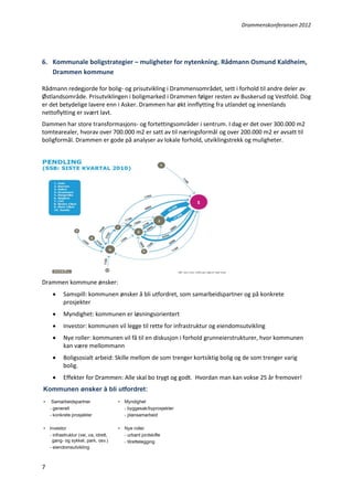 Drammenskonferansen 2012

6. Kommunale boligstrategier – muligheter for nytenkning. Rådmann Osmund Kaldheim,
Drammen kommune
Rådmann redegjorde for bolig- og prisutvikling i Drammensområdet, sett i forhold til andre deler av
Østlandsområde. Prisutviklingen i boligmarked i Drammen følger resten av Buskerud og Vestfold. Dog
er det betydelige lavere enn i Asker. Drammen har økt innflytting fra utlandet og innenlands
nettoflytting er svært lavt.
Dammen har store transformasjons- og fortettingsområder i sentrum. I dag er det over 300.000 m2
tomtearealer, hvorav over 700.000 m2 er satt av til næringsformål og over 200.000 m2 er avsatt til
boligformål. Drammen er gode på analyser av lokale forhold, utviklingstrekk og muligheter.

Drammen kommune ønsker:



Myndighet: kommunen er løsningsorientert



Investor: kommunen vil legge til rette for infrastruktur og eiendomsutvikling



Nye roller: kommunen vil få til en diskusjon i forhold grunneierstrukturer, hvor kommunen
kan være mellommann



Boligsosialt arbeid: Skille mellom de som trenger kortsiktig bolig og de som trenger varig
bolig.



7

Samspill: kommunen ønsker å bli utfordret, som samarbeidspartner og på konkrete
prosjekter

Effekter for Drammen: Alle skal bo trygt og godt. Hvordan man kan vokse 25 år fremover!

 