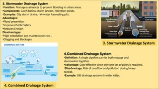 3. Stormwater Drainage System
•Function: Manages rainwater to prevent flooding in urban areas.
•Components: Catch basins, storm sewers, retention ponds.
•Examples: City storm drains, rainwater harvesting pits.
Advantages:
•Flood prevention
•Improves Public Safety
•Reduces Erosion
Disadvantages:
•High installation and maintenance cost .
•Clogging and Blockages
3. Stormwater Drainage System
4.Combined Drainage System
•Definition: A single pipeline carries both sewage and
stormwater together.
•Advantage: Cost-effective since only one set of pipes is required.
•Disadvantage: Risk of overflow and pollution during heavy
rainfall.
•Example: Old drainage systems in older cities.
4. Combined Drainage System
 