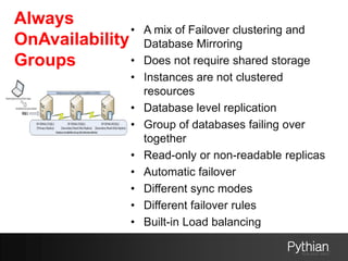 Always
OnAvailability
Groups
• A mix of Failover clustering and
Database Mirroring
• Does not require shared storage
• Ins...