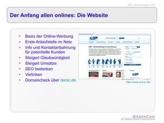 Der Anfang allen onlines: Die Website Basis der Online-Werbung Erste Anlaufstelle im Netz Info und Kontaktanbahnung für potentielle Kunden Steigert Glaubwürdigkeit Steigert Umsätze SEO bedenken Verlinken Domaincheck über  denic.de http://www.a-b-p.de/ 