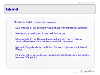 Intranet  = Mitarbeiterportal = Unternehmensnetz Das Intranet ist die zentrale Plattform zum Informationsaustausch Interne Kommunikation ≠ Interne Information Infobringschuld der Unternehmensleitung wird durch Intranet zumindest teilweise zur Infoholschuld der Mitarbeiter Intranet-Pflege bedeutet zeitlichen Aufwand, ebenso wie Internet-Pflege Das Internet ist in Nordkorea quasi ein kontrolliertes und zensiertes Intranet (Wikipedia) 