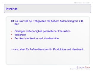 Intranet  Ist v.a. sinnvoll bei Tätigkeiten mit hohem Autonomiegrad, z.B. bei: Geringer Notwendigkeit persönlicher Interaktion Telearbeit Fernkommunikation und Kundennähe    also eher für Außendienst als für Produktion und Handwerk 