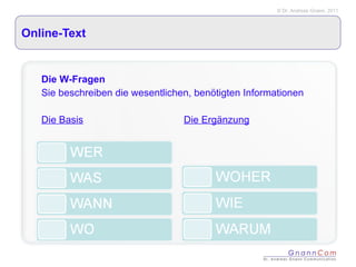 Online-Text Die W-Fragen Sie beschreiben die wesentlichen, benötigten Informationen Die Basis Die Ergänzung 