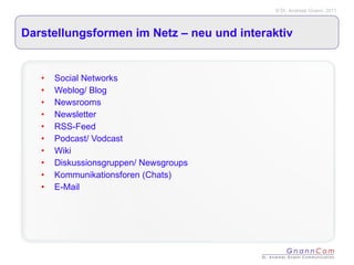 Darstellungsformen im Netz – neu und interaktiv Social Networks Weblog/ Blog Newsrooms Newsletter RSS-Feed Podcast/ Vodcast Wiki Diskussionsgruppen/ Newsgroups Kommunikationsforen (Chats) E-Mail 
