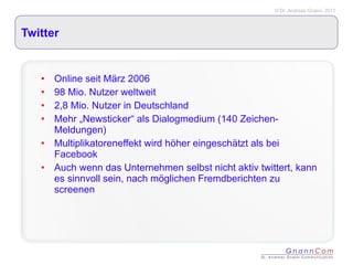 Twitter Online seit März 2006 98 Mio. Nutzer weltweit 2,8 Mio. Nutzer in Deutschland Mehr „Newsticker“ als Dialogmedium (140 Zeichen-Meldungen) Multiplikatoreneffekt wird höher eingeschätzt als bei Facebook Auch wenn das Unternehmen selbst nicht aktiv twittert, kann es sinnvoll sein, nach möglichen Fremdberichten zu screenen 