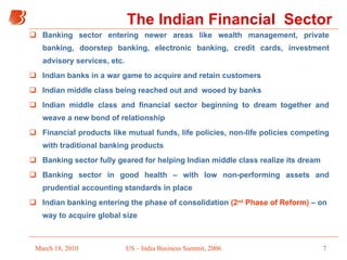 The Indian Financial  Sector <ul><li>Banking sector entering newer areas like wealth management, private banking, doorstep...