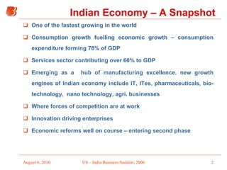 Indian Economy – A Snapshot One of the fastest growing in the world Consumption growth fuelling economic growth – consumption expenditure forming 78% of GDP Services sector contributing over 60% to GDP Emerging as a  hub of manufacturing excellence. new growth engines of Indian economy include IT, ITes, pharmaceuticals, bio-technology,  nano technology, agri. businesses Where forces of competition are at work Innovation driving enterprises Economic reforms well on course – entering second phase            