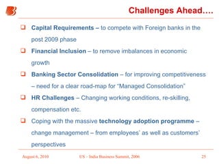 Capital Requirements –  to compete with Foreign banks in the post 2009 phase Financial Inclusion  – to remove imbalances in economic growth Banking Sector Consolidation  – for improving competitiveness – need for a clear road-map for “Managed Consolidation” HR Challenges  – Changing working conditions, re-skilling, compensation etc. Coping with the massive  technology adoption programme  – change management – from employees’ as well as customers’ perspectives Challenges Ahead…. 
