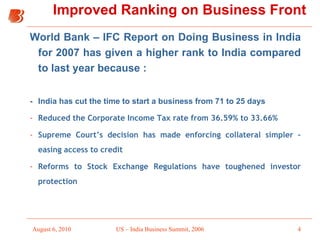 Improved Ranking on Business Front World Bank – IFC Report on Doing Business in India for 2007 has given a higher rank to India compared to last year because : - India has cut the time to start a business from 71 to 25 days Reduced the Corporate Income Tax rate from 36.59% to 33.66% Supreme Court’s decision has made enforcing collateral simpler – easing access to credit Reforms to Stock Exchange Regulations have toughened investor protection 