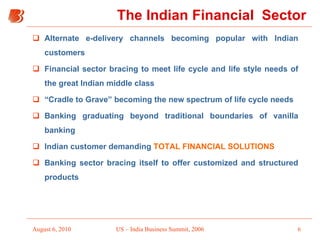 The Indian Financial  Sector Alternate e-delivery channels becoming popular with Indian customers Financial sector bracing to meet life cycle and life style needs of the great Indian middle class “ Cradle to Grave” becoming the new spectrum of life cycle needs Banking graduating beyond traditional boundaries of vanilla banking Indian customer demanding   TOTAL FINANCIAL SOLUTIONS Banking sector bracing itself to offer customized and structured products 