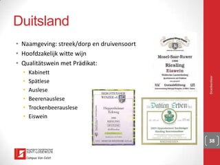 Frankrijk: Bordeaux
▪ Naamgeving: château of domaine (merknaam)
▪ Meestal ook blends
▪ Classificatie 1855:
▪ Premier Cru
▪ Deuxième Cru
▪ Troisième Cru
▪ Quatrième Cru
▪ Cinquième Cru
Drankenleer 38
 
