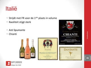 Frankrijk: Bourgogne
▪ Naamgeving: streek, gemeente, dorp of veld
▪ Altijd mono-cépage
▪ Beaujolais
▪ Bourgogne Aligoté
Drankenleer 41
 