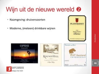 Frankrijk: Cognac
▪ Brandewijn:
▪ http://www.youtube.com/watch?v=_dwQqPofvpA
▪ Naamgeving: cognachuis (merk)
▪ 3-dimensionale blend
Drankenleer 46
 