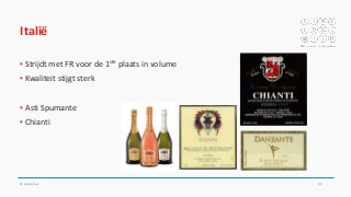 Italië
▪ Strijdt met FR voor de 1ste plaats in volume
▪ Kwaliteit stijgt sterk
▪ Asti Spumante
▪ Chianti
Drankenleer 55
 