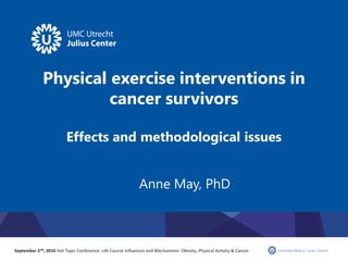 Physical exercise interventions in
cancer survivors
Effects and methodological issues
Anne May, PhD
September 2nd, 2016 Hot Topic Conference: Life Course Influences and Mechanisms: Obesity, Physical Activity & Cancer
 
