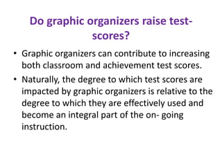 Do graphic organizers raise test-scores? 
• Graphic organizers can contribute to increasing 
both classroom and achievement test scores. 
• Naturally, the degree to which test scores are 
impacted by graphic organizers is relative to the 
degree to which they are effectively used and 
become an integral part of the on- going 
instruction. 
 