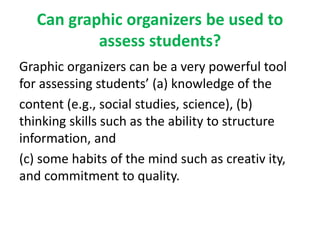 Can graphic organizers be used to 
assess students? 
Graphic organizers can be a very powerful tool 
for assessing students’ (a) knowledge of the 
content (e.g., social studies, science), (b) 
thinking skills such as the ability to structure 
information, and 
(c) some habits of the mind such as creativ ity, 
and commitment to quality. 
 
