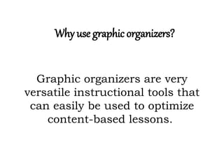 Why use graphic organizers? 
Graphic organizers are very 
versatile instructional tools that 
can easily be used to optimize 
content-based lessons. 
 