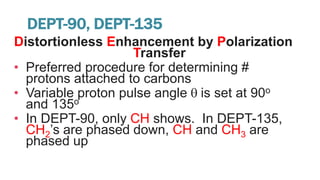 DEPT: Distortionless Enhancement by Polarization Transfer
Heteronuclear expt.
Detection: 13C
Distinguish
CH, CH2, CH3
By s...