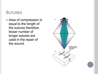 SUTURES
 Area of compression is
equal to the length of
the sutures therefore
lesser number of
longer sutures are
used in the repair of
the wound.
 