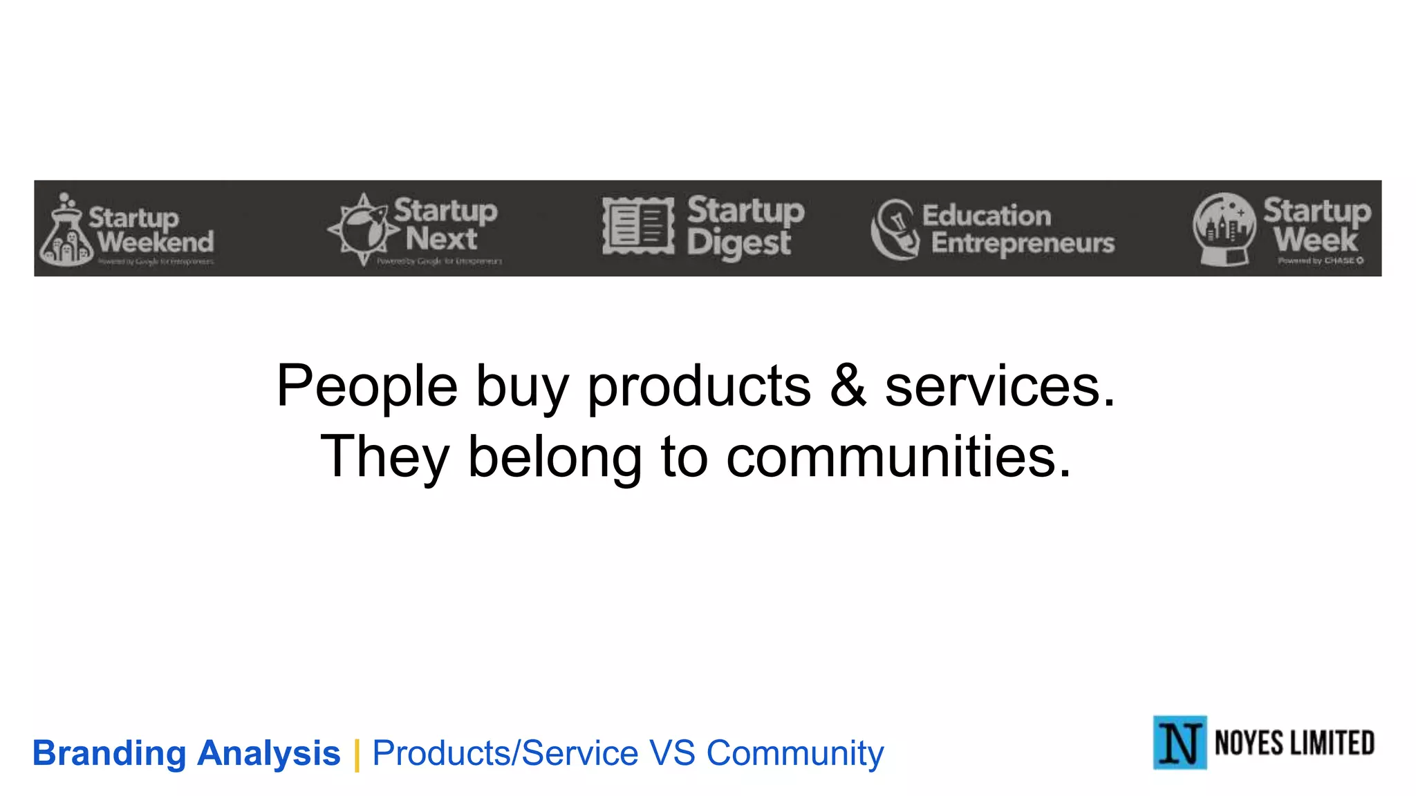 People buy products & services.
They belong to communities.
Branding Analysis | Products/Service VS Community
 