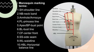 • Mannequin marking
terms:
1.SH-shoulder line
2.NB-neck band
3.Armhole/Armscye
4.PL-princess line
5.Apex/BP-bust point
6.BL-bust line
7.CF-center front
8.SS-side seam
9.WL-waistline
10.HBL-Horizontal
balance line
HBL
 