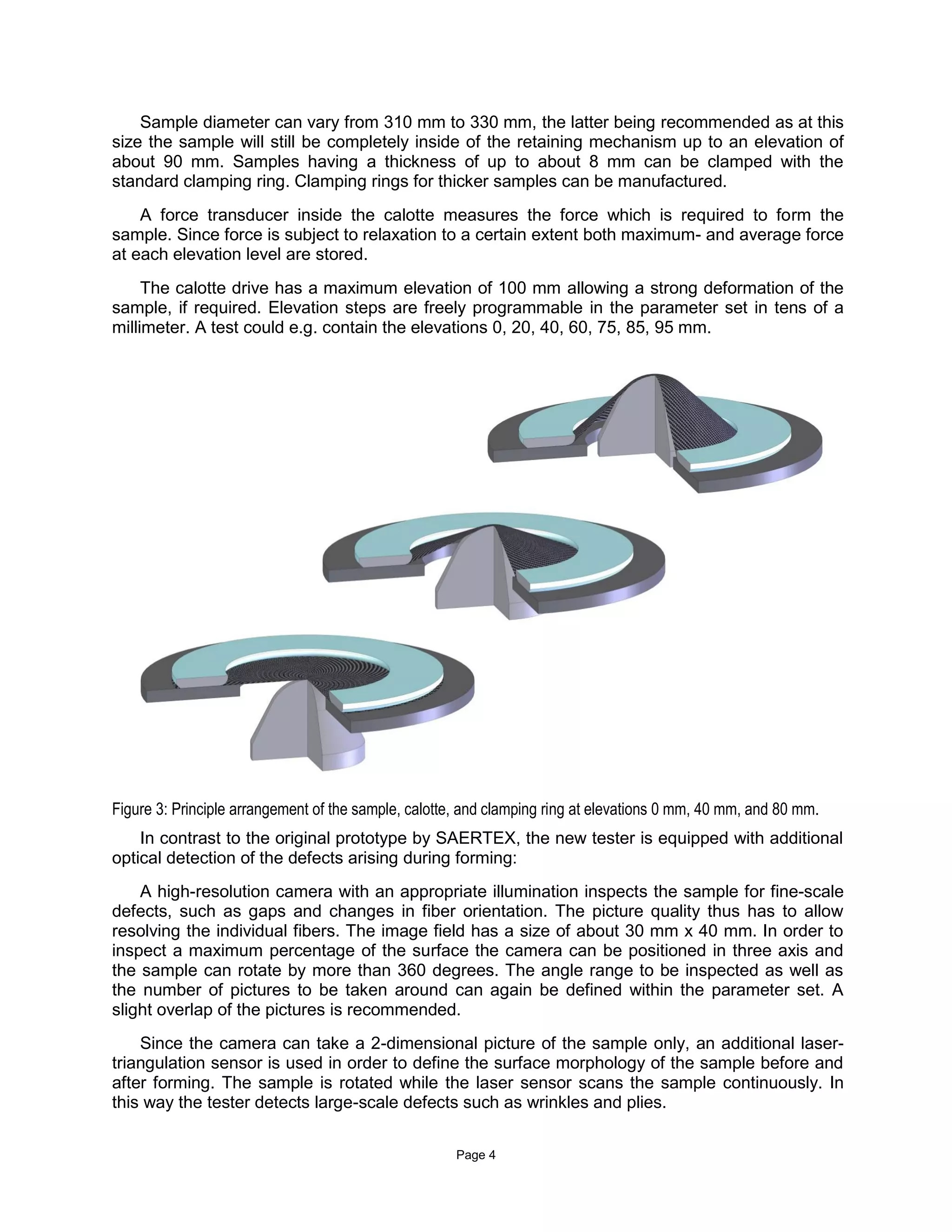 Page 4
Sample diameter can vary from 310 mm to 330 mm, the latter being recommended as at this
size the sample will still be completely inside of the retaining mechanism up to an elevation of
about 90 mm. Samples having a thickness of up to about 8 mm can be clamped with the
standard clamping ring. Clamping rings for thicker samples can be manufactured.
A force transducer inside the calotte measures the force which is required to form the
sample. Since force is subject to relaxation to a certain extent both maximum- and average force
at each elevation level are stored.
The calotte drive has a maximum elevation of 100 mm allowing a strong deformation of the
sample, if required. Elevation steps are freely programmable in the parameter set in tens of a
millimeter. A test could e.g. contain the elevations 0, 20, 40, 60, 75, 85, 95 mm.
Figure 3: Principle arrangement of the sample, calotte, and clamping ring at elevations 0 mm, 40 mm, and 80 mm.
In contrast to the original prototype by SAERTEX, the new tester is equipped with additional
optical detection of the defects arising during forming:
A high-resolution camera with an appropriate illumination inspects the sample for fine-scale
defects, such as gaps and changes in fiber orientation. The picture quality thus has to allow
resolving the individual fibers. The image field has a size of about 30 mm x 40 mm. In order to
inspect a maximum percentage of the surface the camera can be positioned in three axis and
the sample can rotate by more than 360 degrees. The angle range to be inspected as well as
the number of pictures to be taken around can again be defined within the parameter set. A
slight overlap of the pictures is recommended.
Since the camera can take a 2-dimensional picture of the sample only, an additional laser-
triangulation sensor is used in order to define the surface morphology of the sample before and
after forming. The sample is rotated while the laser sensor scans the sample continuously. In
this way the tester detects large-scale defects such as wrinkles and plies.
 