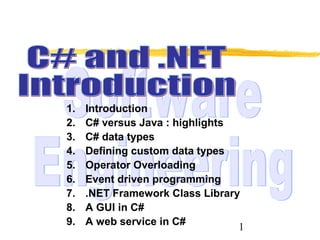 1
1. Introduction
2. C# versus Java : highlights
3. C# data types
4. Defining custom data types
5. Operator Overloading
6. Event driven programming
7. .NET Framework Class Library
8. A GUI in C#
9. A web service in C#
 