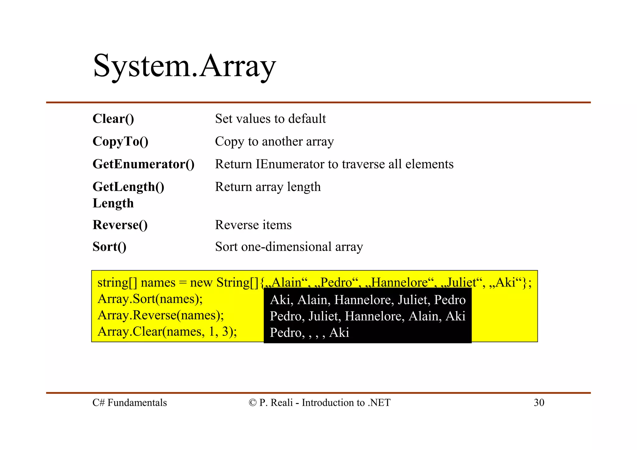 C# Fundamentals © P. Reali - Introduction to .NET 30
System.Array
Sort one-dimensional arraySort()
Reverse itemsReverse()
Return array lengthGetLength()
Length
Return IEnumerator to traverse all elementsGetEnumerator()
Copy to another arrayCopyTo()
Set values to defaultClear()
string[] names = new String[]{„Alain“, „Pedro“, „Hannelore“, „Juliet“, „Aki“};
Array.Sort(names);
Array.Reverse(names);
Array.Clear(names, 1, 3);
Aki, Alain, Hannelore, Juliet, Pedro
Pedro, Juliet, Hannelore, Alain, Aki
Pedro, , , , Aki
 