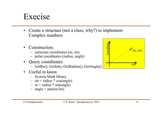 C# Fundamentals © P. Reali - Introduction to .NET 11
Execise
• Create a structure (not a class, why?) to implement
Complex numbers
• Construction:
– cartesian coordinates (re, im)
– polar coordinates (radius, angle)
• Query coordinates
– GetRe(), GetIm(), GetRadius(), GetAngle()
• Useful to know
– System.Math library
– im = radius * cos(angle)
– re = radius * sin(angle)
– angle = atan(re/im)
real
imaginary
(re, im)
 