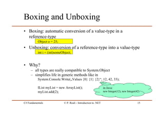 C# Fundamentals © P. Reali - Introduction to .NET 15
Boxing and Unboxing
• Boxing: automatic conversion of a value-type in a
reference-type
Object o = 25;
• Unboxing: conversion of a reference-type into a value-type
int i = (int)someObject;
• Why?
– all types are really compatible to System.Object
– simplifies life in generic methods like in
System.Console.Write(„Values {0} {1} {2}“, 12, 42, 33);
IList myList = new ArrayList();
myList.add(2);
in Java:
new Integer(12), new Integer(42)
 