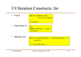 C# Fundamentals © P. Reali - Introduction to .NET 20
C# Iteration Constructs: for
• Form:
• Equivalent to
• Special case
for (int i= Int32.MinValue; i <= Int32.MaxValue; i++) {
... just do it...
}
// i = Int32.MaxValue + 1
for (init; condition; step) {
... // invariant: condition
}
// !condition
init;
while (!condition) { ...; step; }
//!condition
 