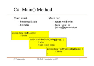 C# Fundamentals © P. Reali - Introduction to .NET 5
C#: Main() Method
Main must
– be named Main
– be static
Main can
– return void or int
– have (void) or
(string[]) parameters
public static void Main() {
// Main
}
public static int Main(string[] args) {
// Main
return result_code;
}
public static void Main(string[] args) {
// Main
}
 