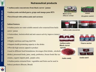 Nutraceutical products
                                                     Anthocyanin concentrates from black carrot / jamun
INDIAN AGRICULTURAL RESEARCH INSTITUTE, NEW DELHI



                                                    Anthocyanin enriched guava, grape and mango pana RTS                                                       Jamun
                                                                                                                                 Black carrot
                                                                                                                                 (Daucus carota)           (Syzygium cumini)
                                                    Novel bread with anthocyanin and carotene


                                                    Salient features
                                                    Anthocyanins are water soluble natural color extarcted from balck
                                                                                                                                 Anthocyanin concentrate
                                                    carrot / jamun
                                                    Antioxidant, Antimicrobial and anti-cancer activity improve immune
                                                    systems
                                                    Highly nutritious and long shelf life
                                                                                                                           Anthocyanin –                   Guava nector
                                                    Imparts health promoting capacity to the drinks
                                                                                                                           Black carrot
                                                    Provide high sensory appeal to product                                squash
                                                    used in different food formulations, beverages (fruit drinks , alcoholic
                                                    drinks), processed foods, jams, candy, probiotics, frozen foods like ice
                                                    creams, yogurts imparts pink , purple color,                                Amla candy             Aonla nutri
                                                    Anthocyanins extracted from vegetables and fruits can be used in
                                                    bakery) products (Biscuts, Bread)
 