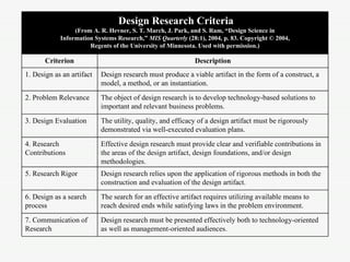 Design research must be presented effectively both to technology-oriented as well as management-oriented audiences. 7. Communication of Research The search for an effective artifact requires utilizing available means to reach desired ends while satisfying laws in the problem environment. 6. Design as a search process Design research relies upon the application of rigorous methods in both the construction and evaluation of the design artifact. 5. Research Rigor Effective design research must provide clear and verifiable contributions in the areas of the design artifact, design foundations, and/or design methodologies. 4. Research Contributions The utility, quality, and efficacy of a design artifact must be rigorously demonstrated via well-executed evaluation plans. 3. Design Evaluation The object of design research is to develop technology-based solutions to important and relevant business problems. 2. Problem Relevance Design research must produce a viable artifact in the form of a construct, a model, a method, or an instantiation. 1. Design as an artifact Description Criterion Design Research Criteria (From A. R. Hevner, S. T. March, J. Park, and S. Ram, “Design Science in Information Systems Research,”  MIS Quarterly  (28:1), 2004, p. 83. Copyright © 2004, Regents of the University of Minnesota. Used with permission.) 
