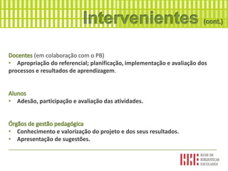 (em colaboração com o PB)
• Apropriação do referencial; planificação, implementação e avaliação dos
processos e resultados de aprendizagem.
• Adesão, participação e avaliação das atividades.
• Conhecimento e valorização do projeto e dos seus resultados.
• Apresentação de sugestões.
___________________________________________________________
 