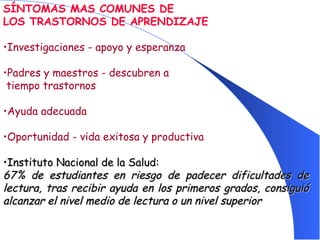 SÍNTOMAS MAS COMUNES DE  LOS TRASTORNOS DE APRENDIZAJE   Investigaciones - apoyo y esperanza Padres y maestros - descubren a  tiempo trastornos Ayuda adecuada Oportunidad - vida exitosa y productiva Instituto Nacional de la Salud: 67% de estudiantes en riesgo de padecer dificultades de lectura, tras recibir ayuda en los primeros grados, consiguió alcanzar el nivel medio de lectura o un nivel superior 
