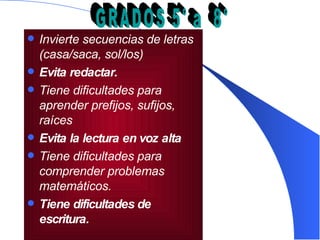Invierte secuencias de letras (casa/saca, sol/los)  Evita redactar.   Tiene dificultades para aprender prefijos, sufijos, raíces Evita la lectura en voz alta Tiene dificultades para comprender problemas matemáticos.   Tiene dificultades de escritura.   GRADOS 5° a  8° 