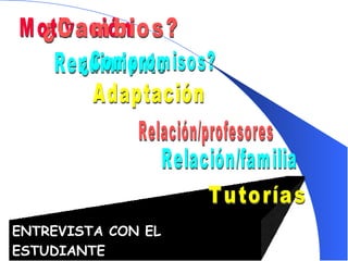 ENTREVISTA CON EL  ESTUDIANTE Motivación Rendimiento Adaptación ¿Cambios? Relación/familia Tutorías Relación/profesores ¿Compromisos? 