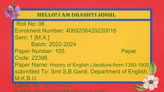 HELLO! I AM DRASHTI JOSHI.
Roll No: 06
Enrolment Number: 4069206420220016
Sem: 1 [M.A.]
Batch: 2022-2024
Paper Number: 105...