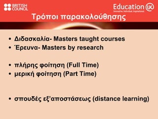 Τρόποι παρακολούθησης Διδασκαλία- Masters taught courses Έρευνα- Masters by research  πλήρης φοίτηση (Full Time) μερική φοίτηση (Part Time) σπουδές  εξ’αποστάσεως  (distance learning) 
