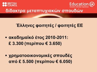 δίδακτρα μεταπτυχιακών σπουδών Έλληνες φοιτητές / φοιτητές ΕΕ ακαδημαϊκό έτος 2010-20 1 1:  £ 3.300 (περίπου € 3 . 650) χρηματοοικονομικές σπουδές  απ ό  £ 5.500  (περίπου  € 6 . 050 ) 